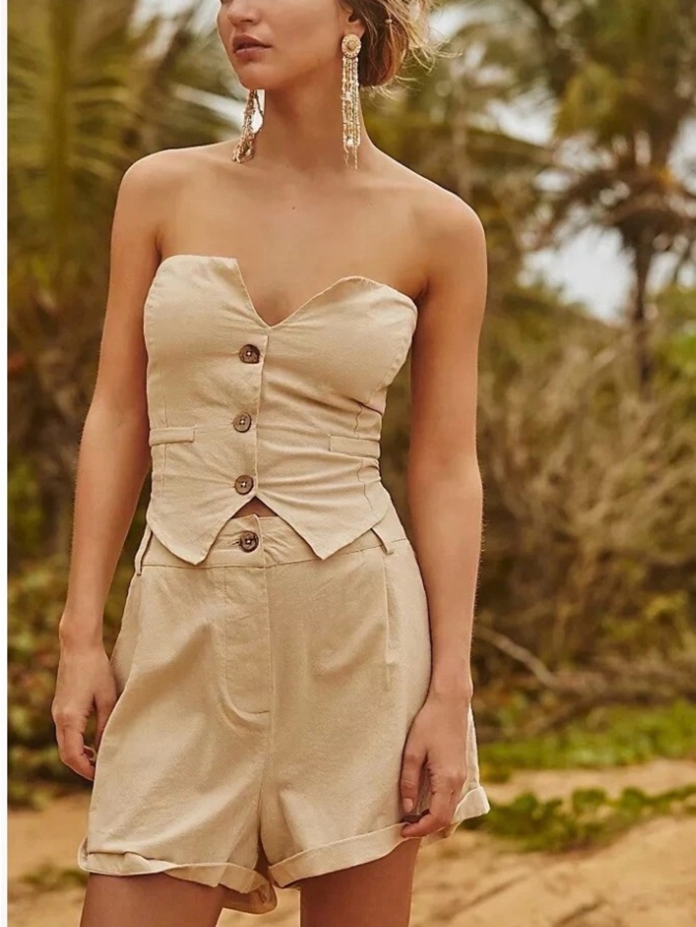 FREE PEOPLE NO BUSINESS HERE SHORT SET 2 Pc TUBE TOP & SHORTS KHAKI